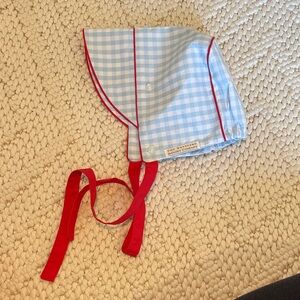 Blue Gingham baby Bonnet with Red Trim